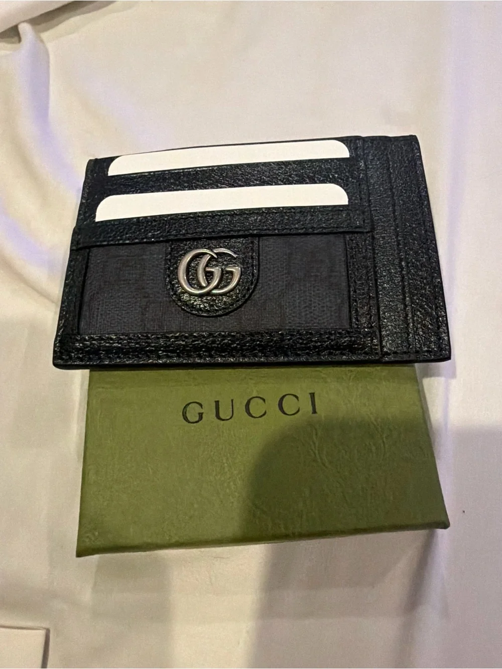 Gucci Black GG Leather Card Holder with Silver Hardware